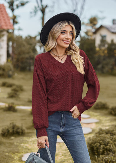 V-neck Loose Casual Long Sleeve T-shirt