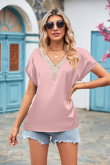 V-neck Lace Satin Short Sleeve Shirt