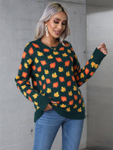 Leaves Print Christmas Crewneck Sweater