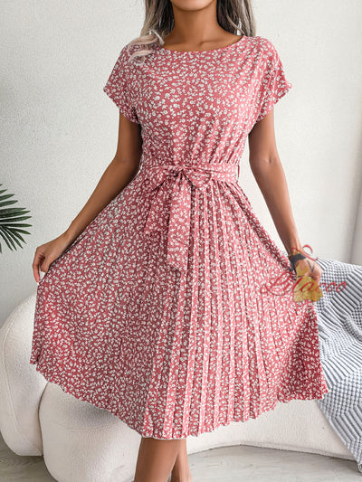 Casual Short-sleeved Floral Pleated Dress