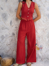 Holiday Solid Color Top Wide-leg Trousers Suit