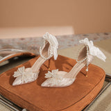 Bow Stiletto Heels Pearl Chain Wedding Shoes