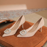 Square Buckle Rhinestone Suede Thin Heel Tip Shoes