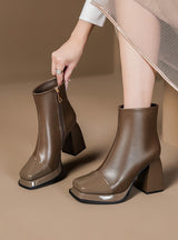 Square-toe Thick-heel Spliced Leather Booties