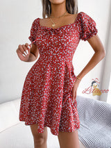 Casual Trumpet Sleeve Drawstring Floral Dress