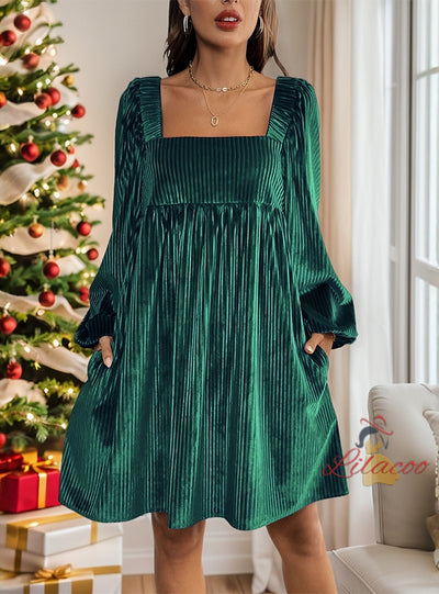 Velvet Square Ccollar Backless Long Sleeve Dress