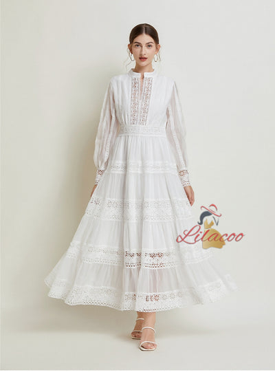 Retro Lace Stitching V-neck Lantern Sleeve Dress