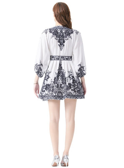 Stand-up Collar Lantern Sleeve Printed Short Mini Dress