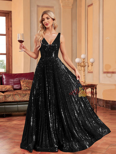 Champagne Sequins Deep V-neck Prom Dress