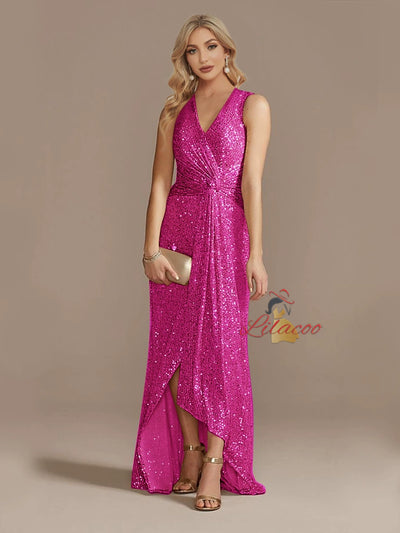 Champagne Sequins V-neck Split Prom Dress