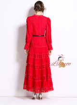 Round Neck Lantern Sleeve Long Lace Dress