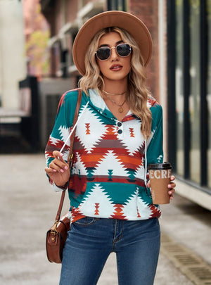 Geometric Pattern Long Sleeve Hooded Button Top