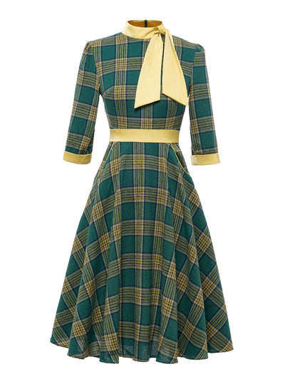 Plaid High Neck Bow Retro Dress