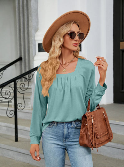 Pleated Jacquard Long Sleeve Loose T-shirt