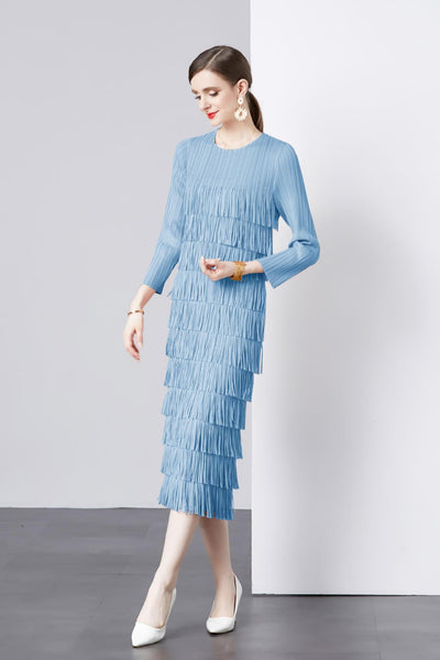 Long Sleeve Cake Pleated Fringed Dress