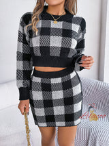 Casual Contrast Plaid Long Sleeve Sweater Skirt Suit