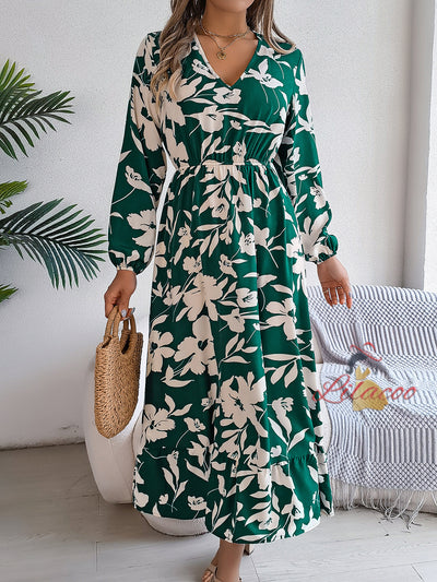 Leisure Flower Long Sleeve Ruffled Dress