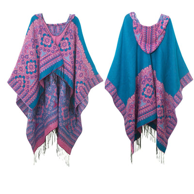 Ethnic Jacquard Hooded Fringed Cloak