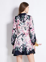 Floral National Stand-up Collar Lantern Sleeve Printed Dress