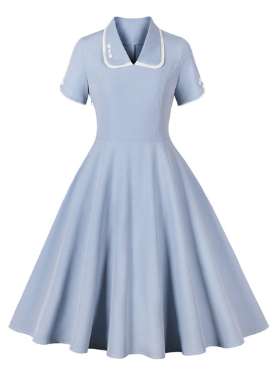 Short-sleeved V-neck Button Retro Dress