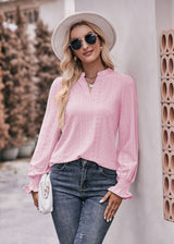 Solid Color Hole V-neck Long Sleeve Shirt