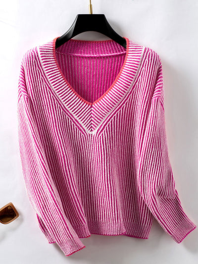 Casual Pullover Loose V-neck Striped Sweater