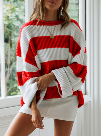 Curled Round Neck Striped Color Matching Sweater