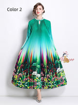 Nail Bead Printed Pleated Pearl Pleated Dress