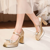 Diamond Bow Thick Heels Shoes