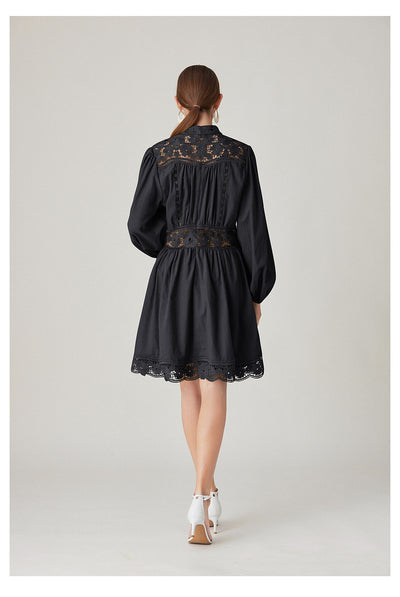 V-neck Stitching Lace Long Sleeve Dress