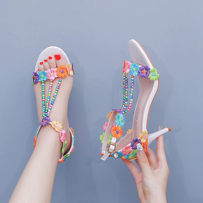 7 cm Thin Heel Beaded Lace Flower Wedding Shoes