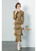 Ruffled Pleated Long Sleeve Slim Dress