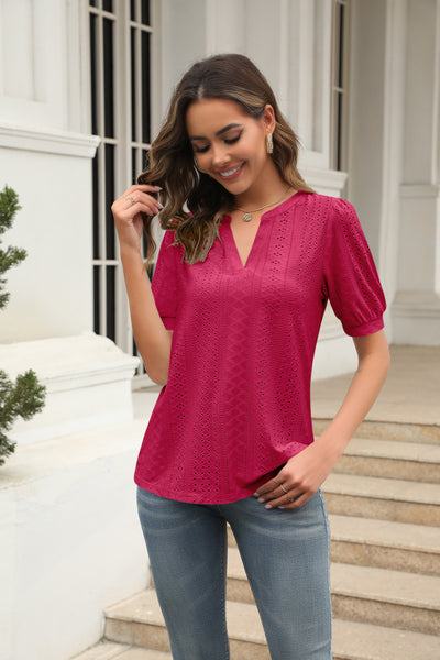 Casual V-neck Bubble Sleeve Loose T-shirt