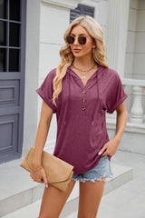 Solid Color Hooded Button Loose Short Sleeve T-shirt