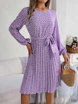 Casual Long-sleeved Floral Pleated Dress