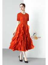 Short-sleeved Slim Ruffled Round Neck Dress