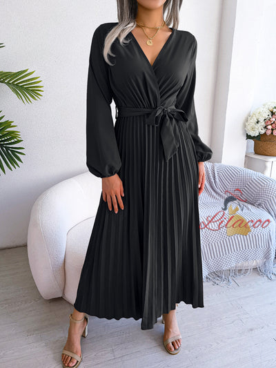 Cross V-neck Pleated Long Sleeve Dress