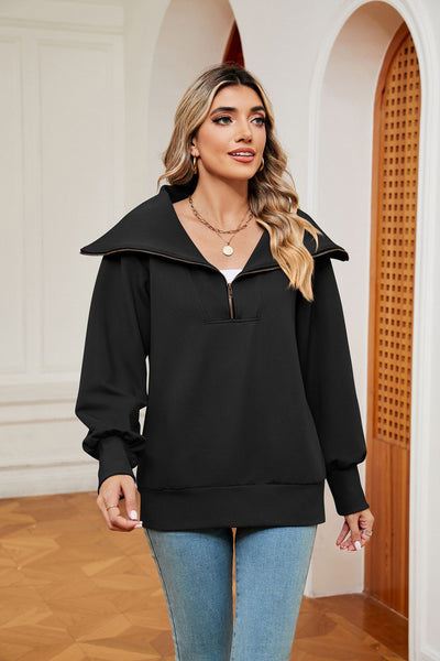 Long Sleeve Zipper Lapel Pullover Top