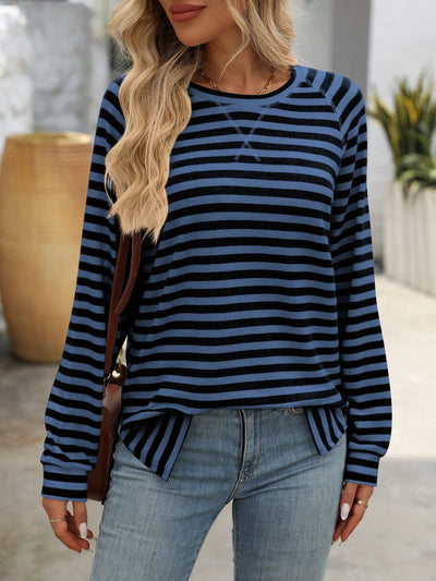 Striped Contrast Round Neck Long Sleeve T-shirt