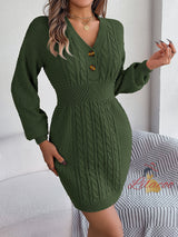 Button V-neck Twist Sweater Dress