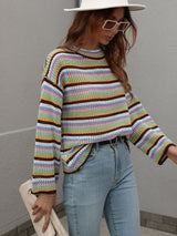 Spliced Loose Round Neck Striped Sweater