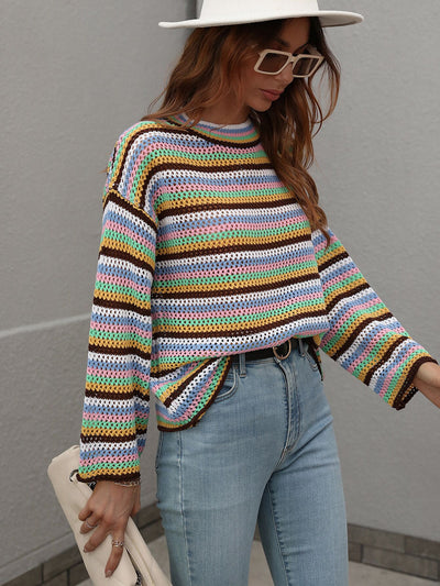 Spliced Loose Round Neck Striped Sweater