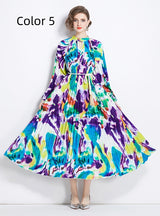 Printed Lantern Sleeve Pleated Tassel Belt Dress