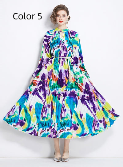 Printed Lantern Sleeve Pleated Tassel Belt Dress