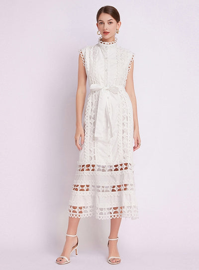 Palace Openwork Lace Stand-up Collar Slim Dress