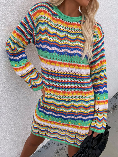 Round Neck Rainbow Striped Pullover Sweater