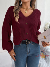 Solid Color V-neck Button Twist Lantern Sleeve Sweater