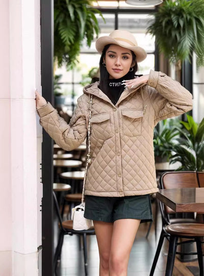 Rhombic Hooded Short Thin Cotton-padded Jacket Coat