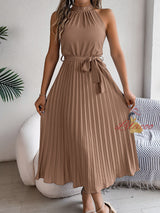 Sleeveless Silm Waist Pleated Long Dress