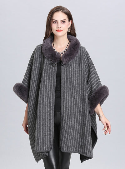 Wool Collar Striped Knit Cloak Shawl